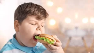 kilolu çocuk beslenmesi hamburger yiyen çocuk