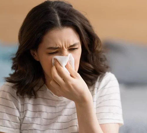 burun tıkanıklığı yaşayan burnunu silen kadın