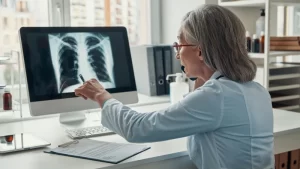 Pnömotoraks sonucu akciğer ultrason görüntüsünü inceleyen doktor