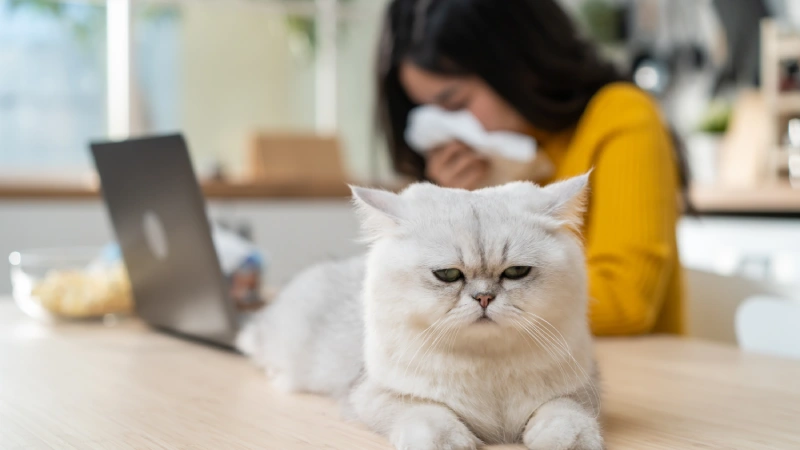 Evcil hayvan alerjisi yüzünden hapşıran kadın