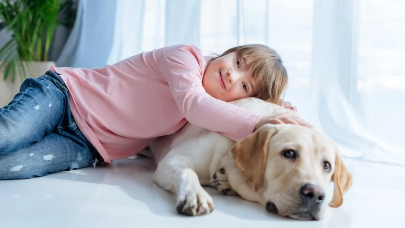 down sendromu sahibi kız çocuk ve köpek