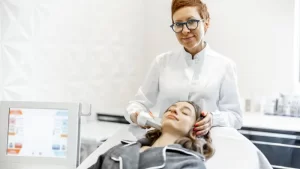 Altın İğne Gözenek Tedavisi yapılan kadın ve dermatolog