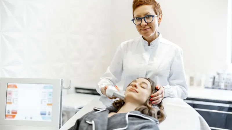 Altın İğne Gözenek Tedavisi yapılan kadın ve dermatolog